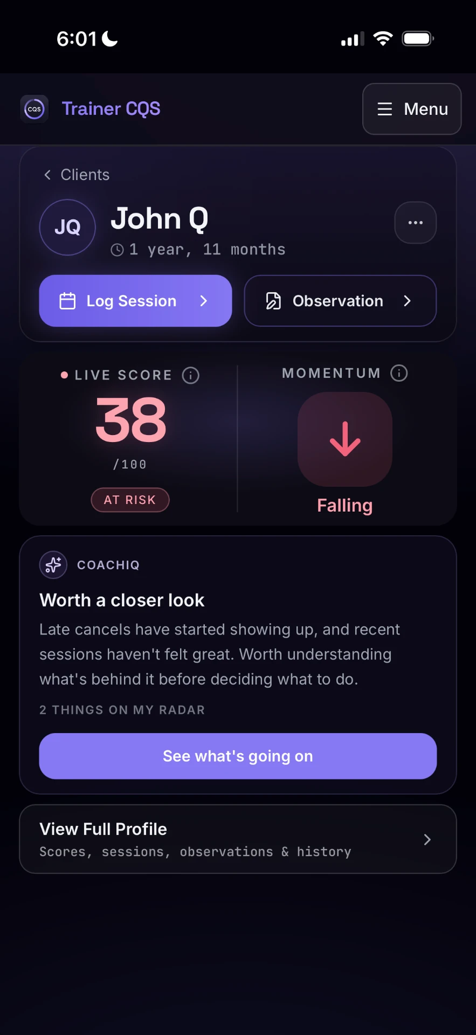 Client profile showing Live Score 38, At Risk, Falling Momentum