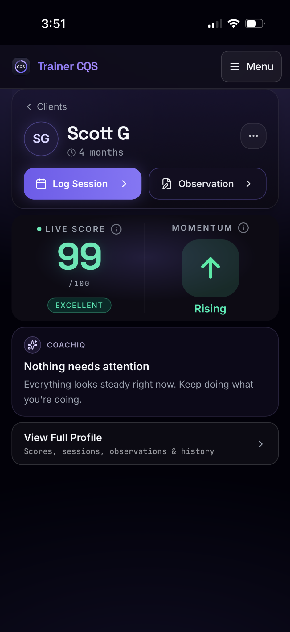 Client profile showing Live Score 99, Excellent, Rising Momentum