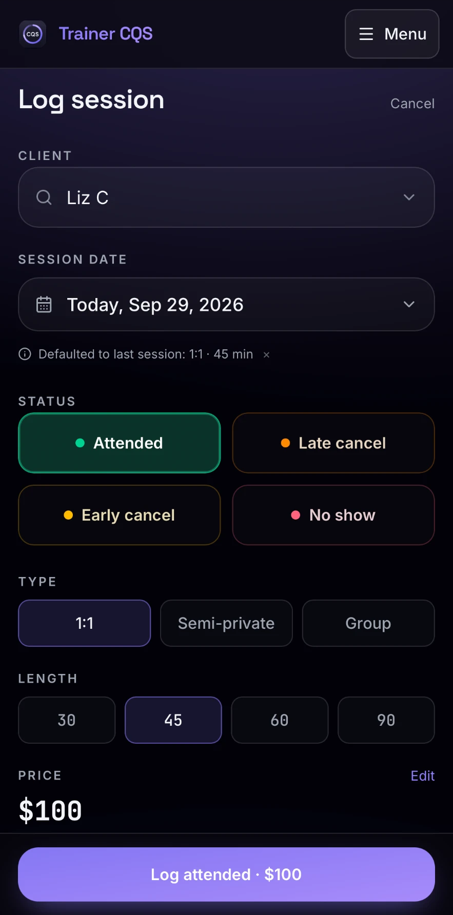 Log Session screen for Liz C: Attended, 1:1, 45 minutes, $100