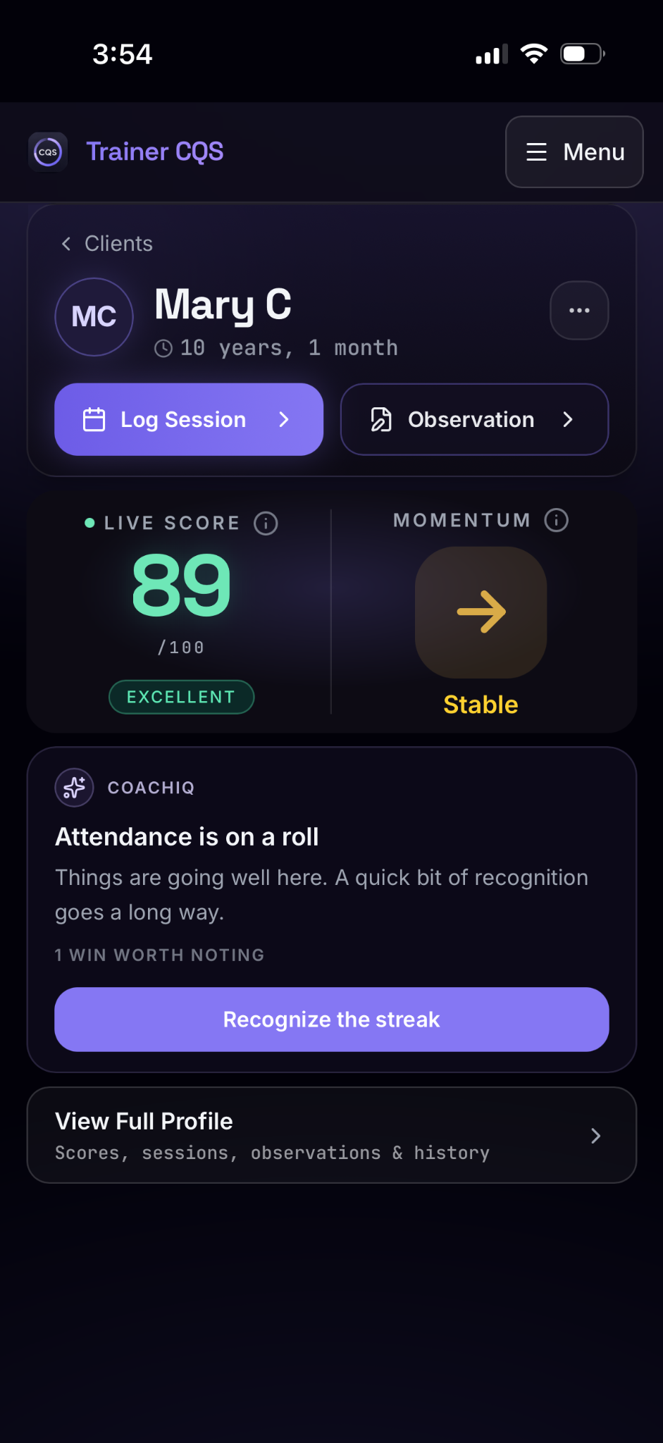 Trainer CQS client profile showing Live Score 89, Stable Momentum and a CoachIQ note: Attendance is on a roll